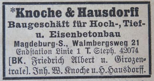 Eintrag Knoche & Hausdorff im Magdeburger Adressbuch von 1927