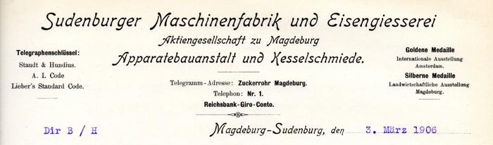 Briefkopf Sudenburger Maschinenfabrik 1906