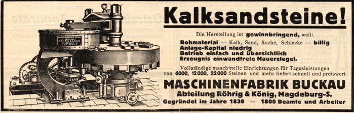 Werbeanzeige 1917 für Maschine zur Kalksandsteinherstellung